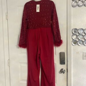 Elegant Red Sequin Long-Sleeve Jumpsuit